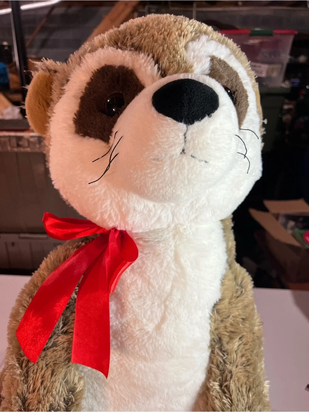 Plush Meerkat Stuffed Animal with Red Bow - Soft Brown & White Plush 27 inch